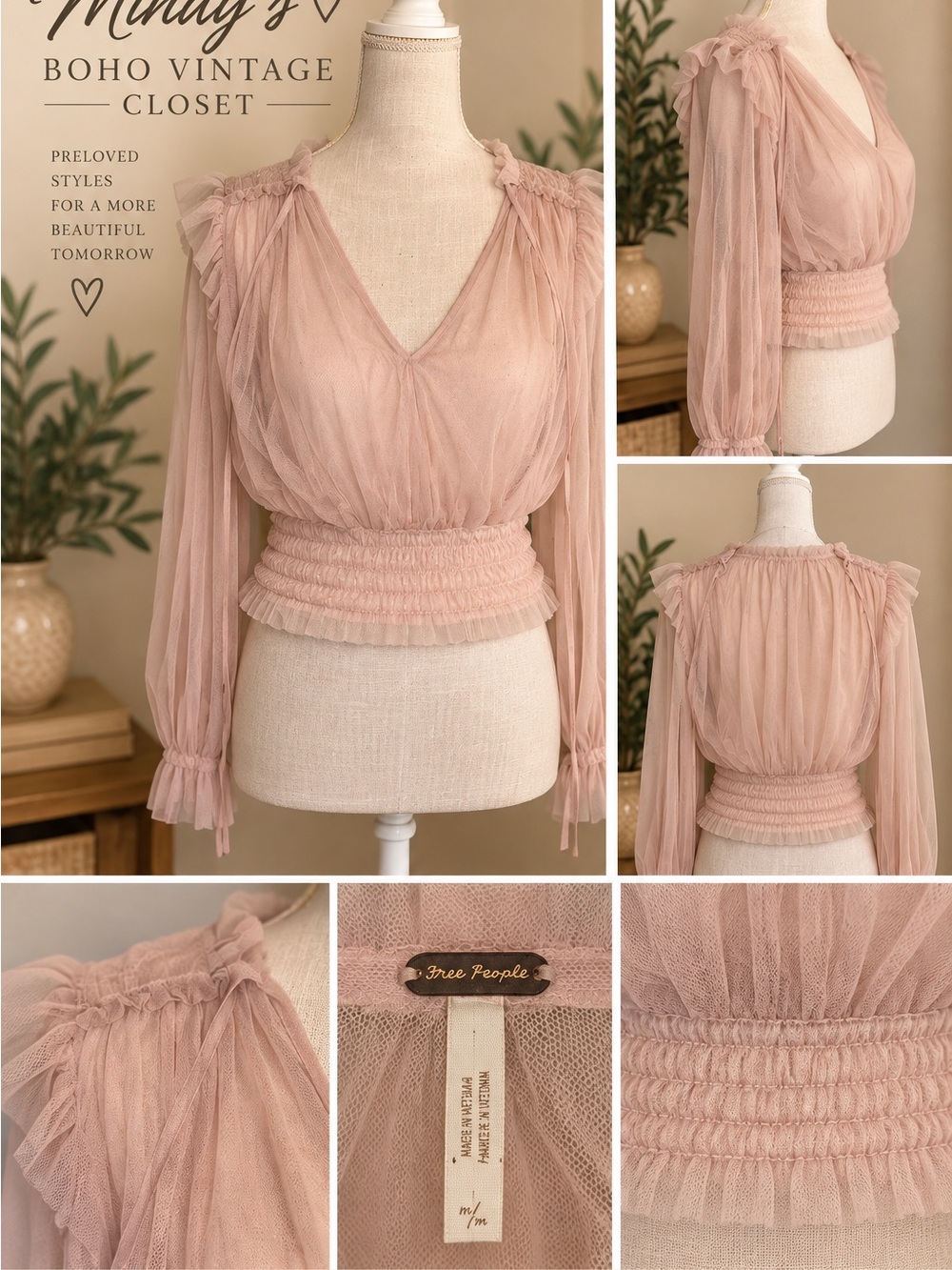 Free People Dusty Blush Sheer Ruffle V-Neck Blouse